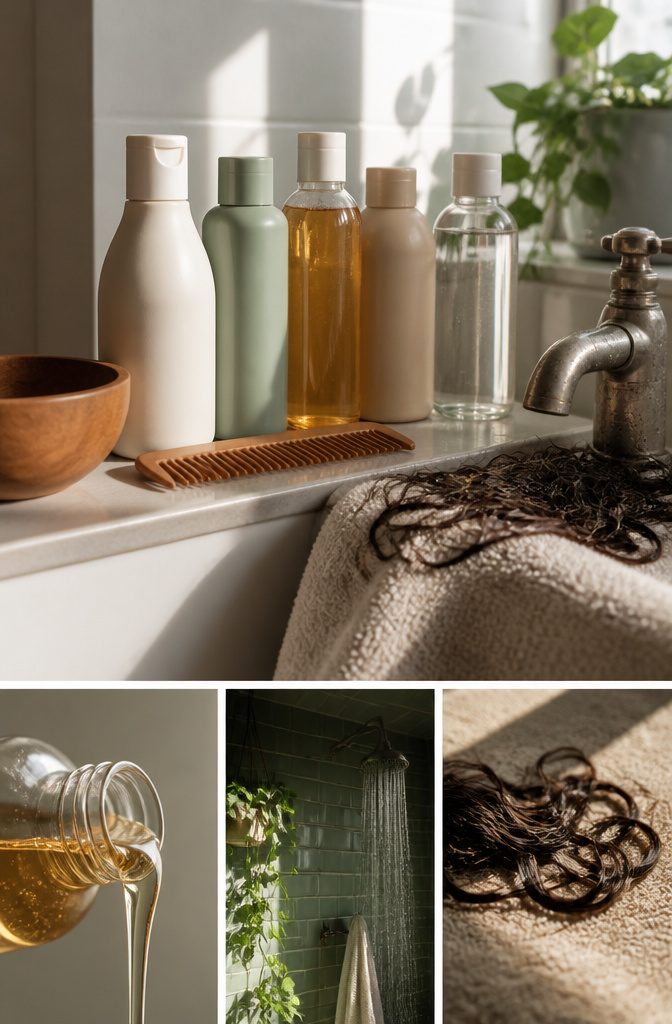 Shampoo bottles arranged beside a section of curly hair