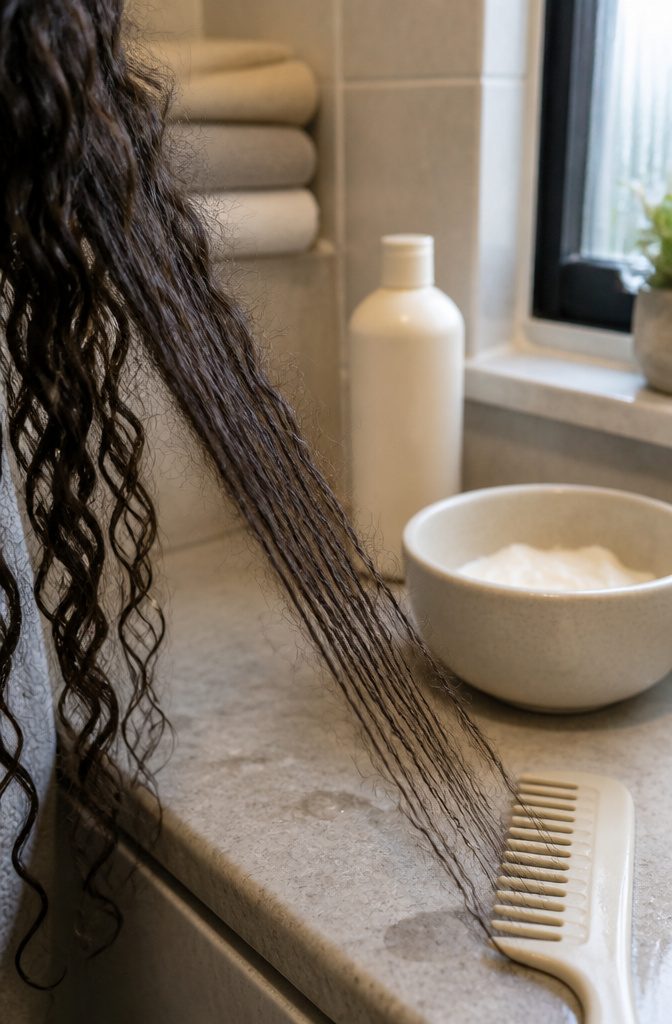 Close-set hair strands with a stiff texture and faint coated cast