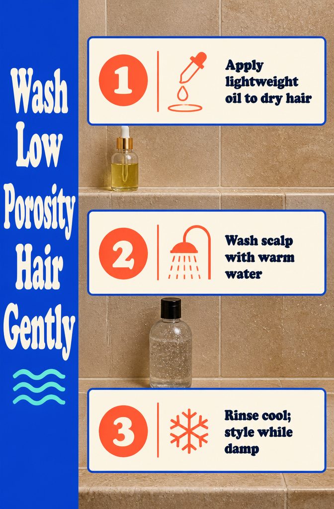 Beauty infographic titled Wash Low Porosity Hair Gently