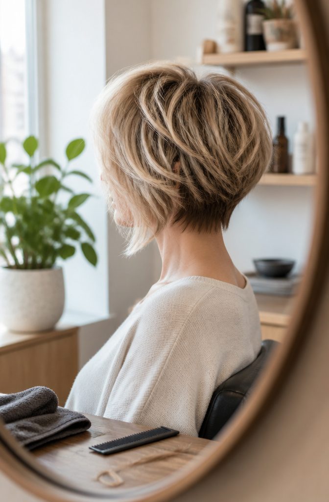 Woman with face-framing hair and a short textured back