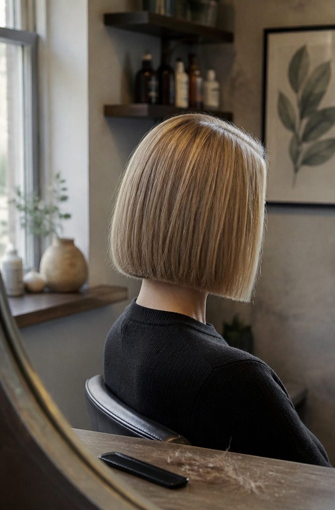 Woman wearing a chin-length bob with a blunt, even edge