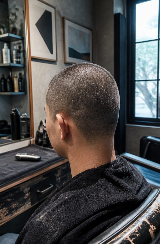 Person with very short hair clipped evenly across the scalp
