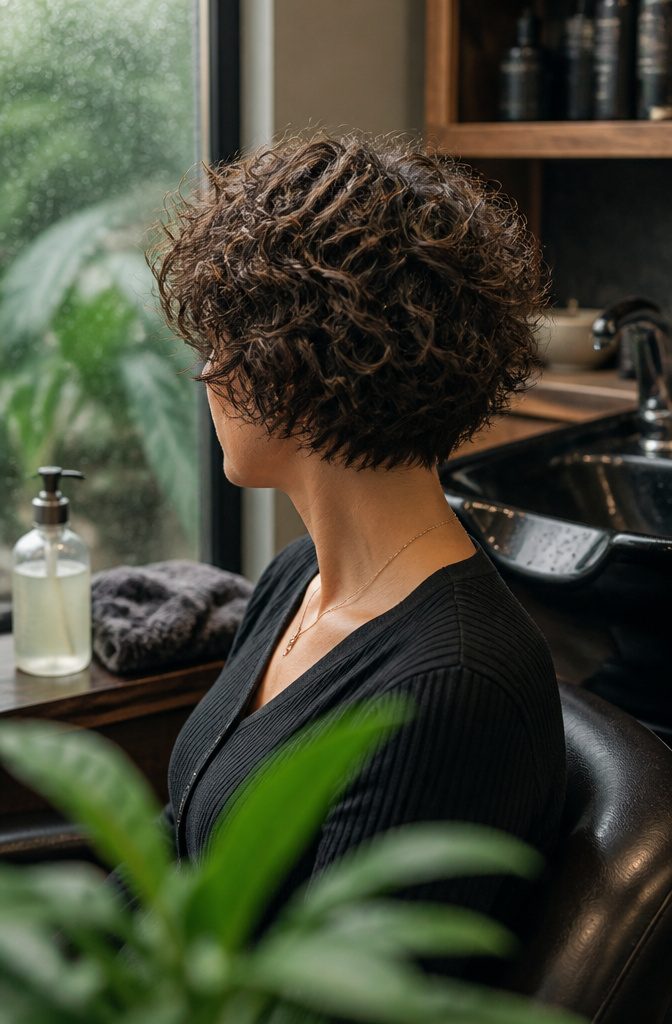 Woman with short defined curls arranged close together