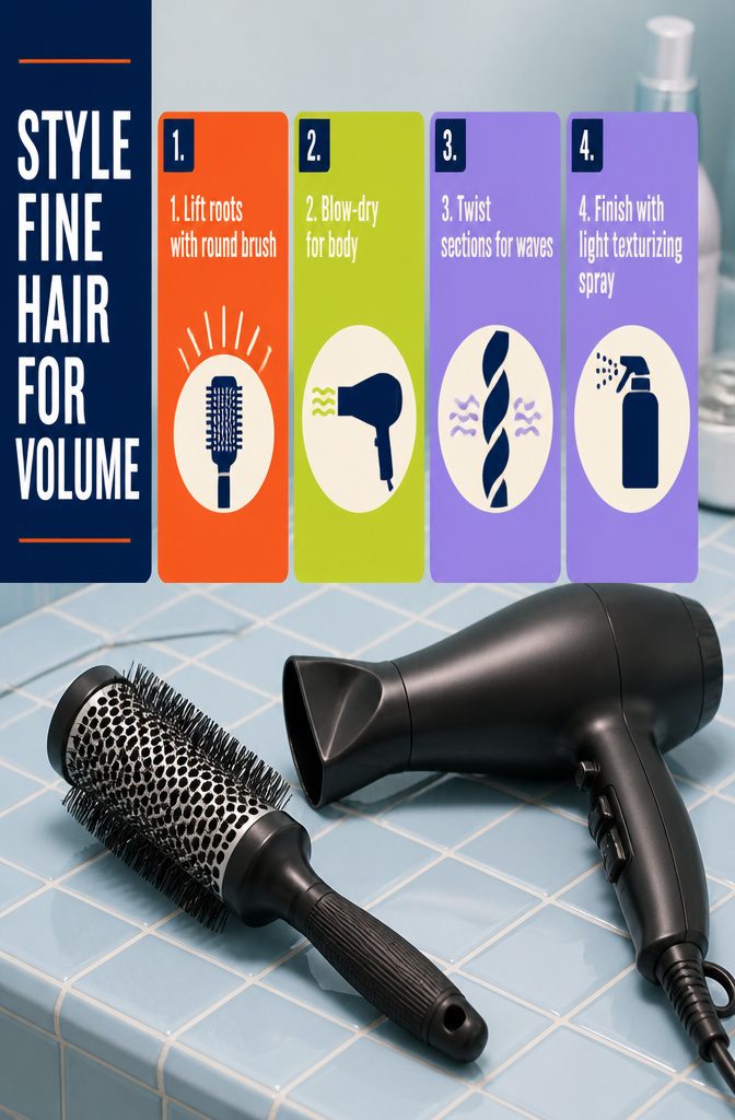 Beauty information graphic titled Style Fine Hair For Volume