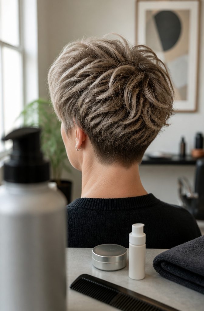 Woman with a layered short haircut and textured pieces at the crown