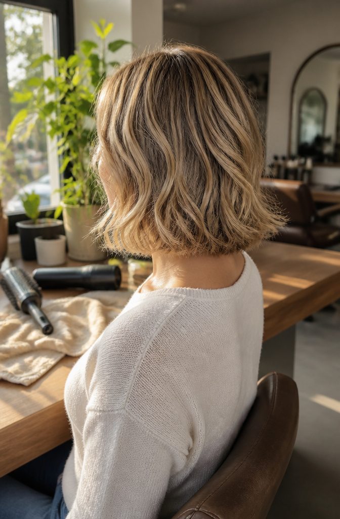 Woman with a wavy bob cut longer in front and shorter at the back