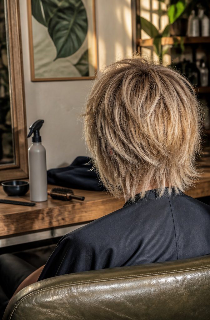 Woman with tousled short hair and choppy layers at varied lengths