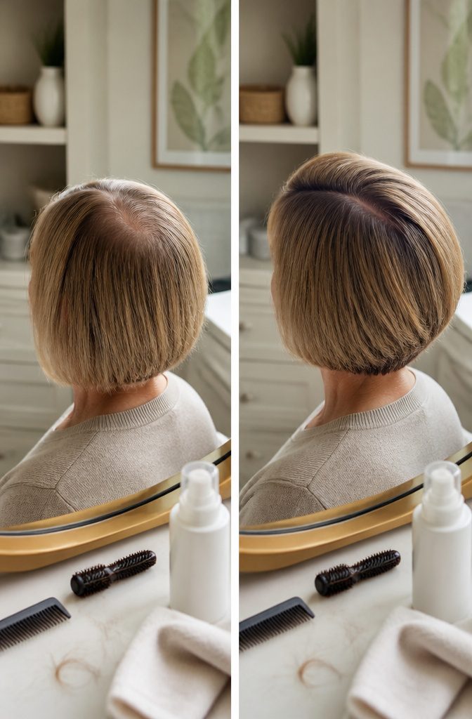 Woman with fine hair parted deeply to one side