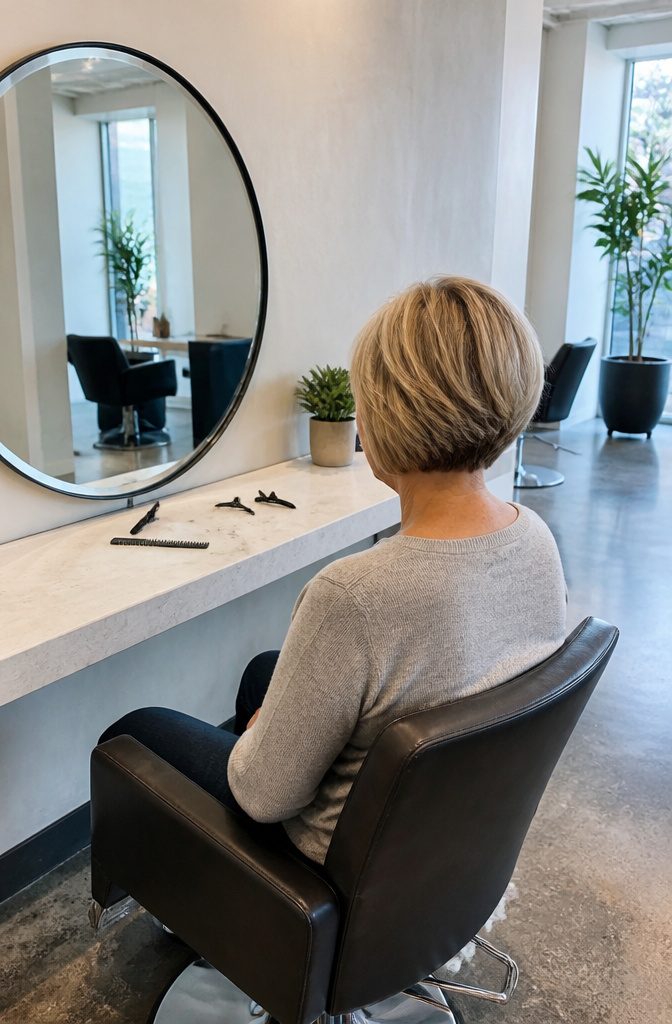 Woman with a bob featuring stacked layers at the back and a short nape