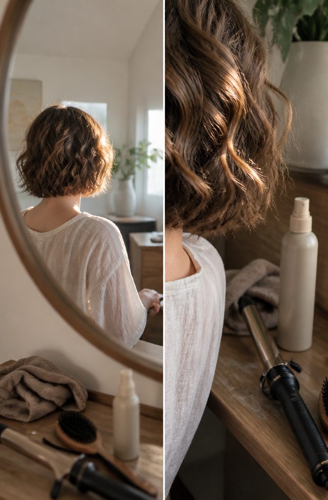 Woman with soft waves styled into short hair