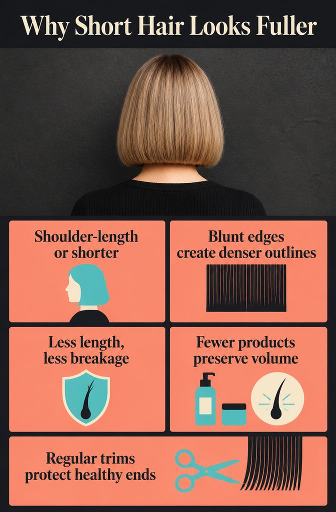 Beauty information graphic titled Why Short Hair Looks Fuller