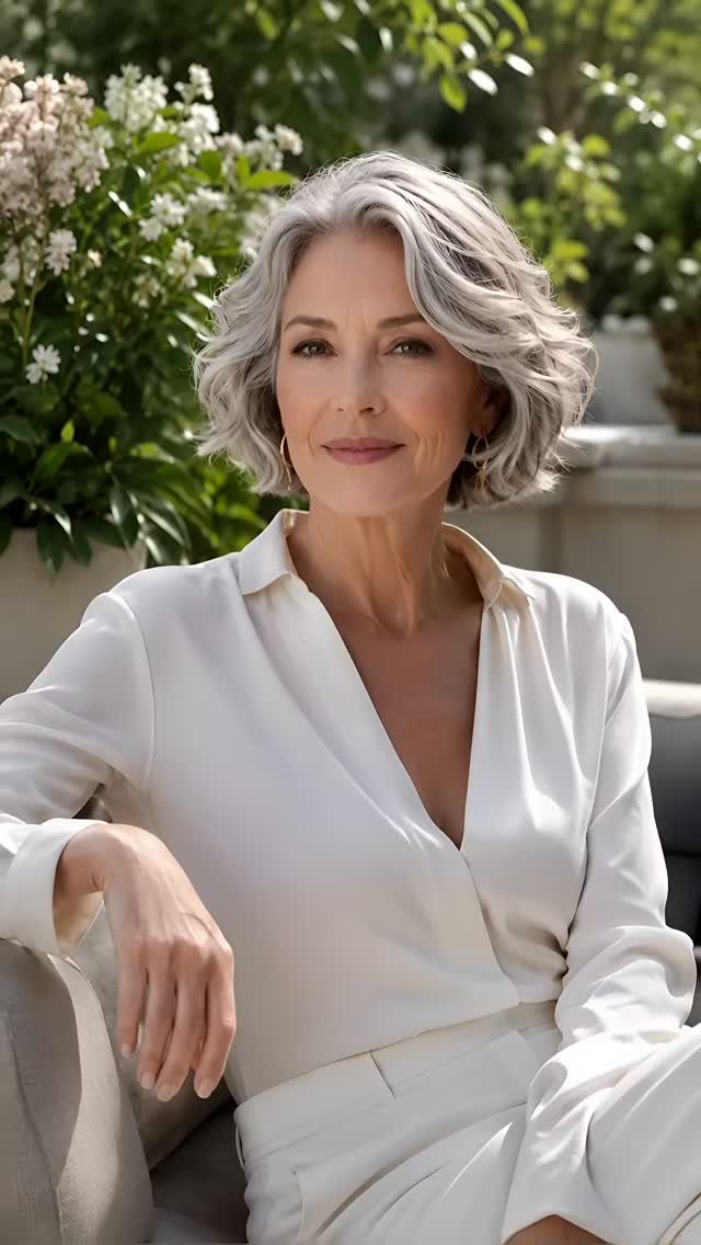 Woman over 60 with a short, wavy, silver-grey hairstyle wearing a white outfit.