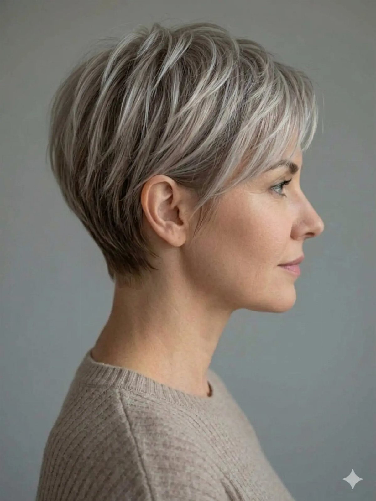 Woman with a short textured gray crop haircut and wispy bangs in profile view