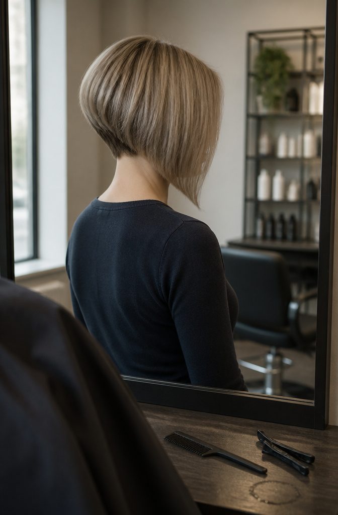 Person wearing an asymmetrical bob with a longer front section