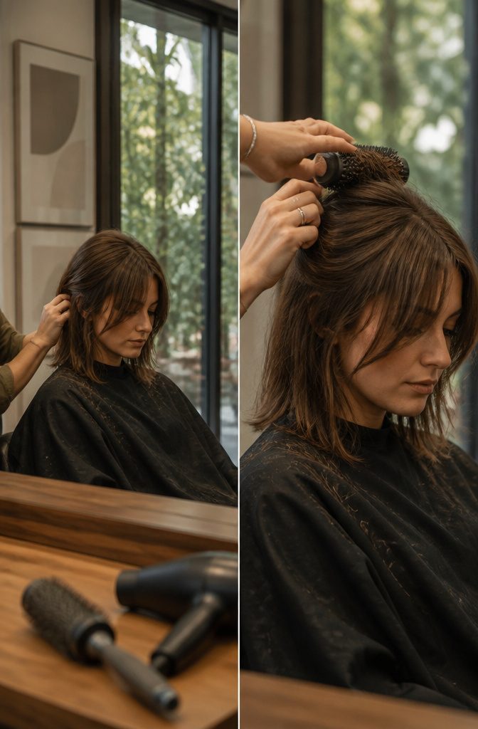 Person with textured bangs swept across the forehead