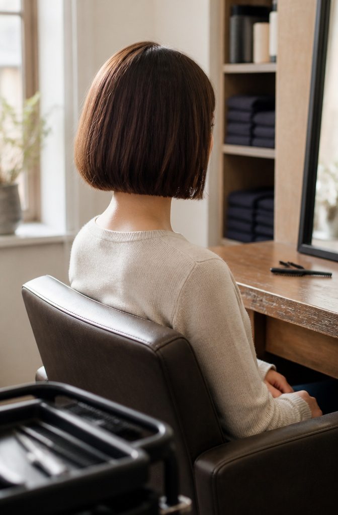 Person wearing a straight bob with a blunt, even hemline