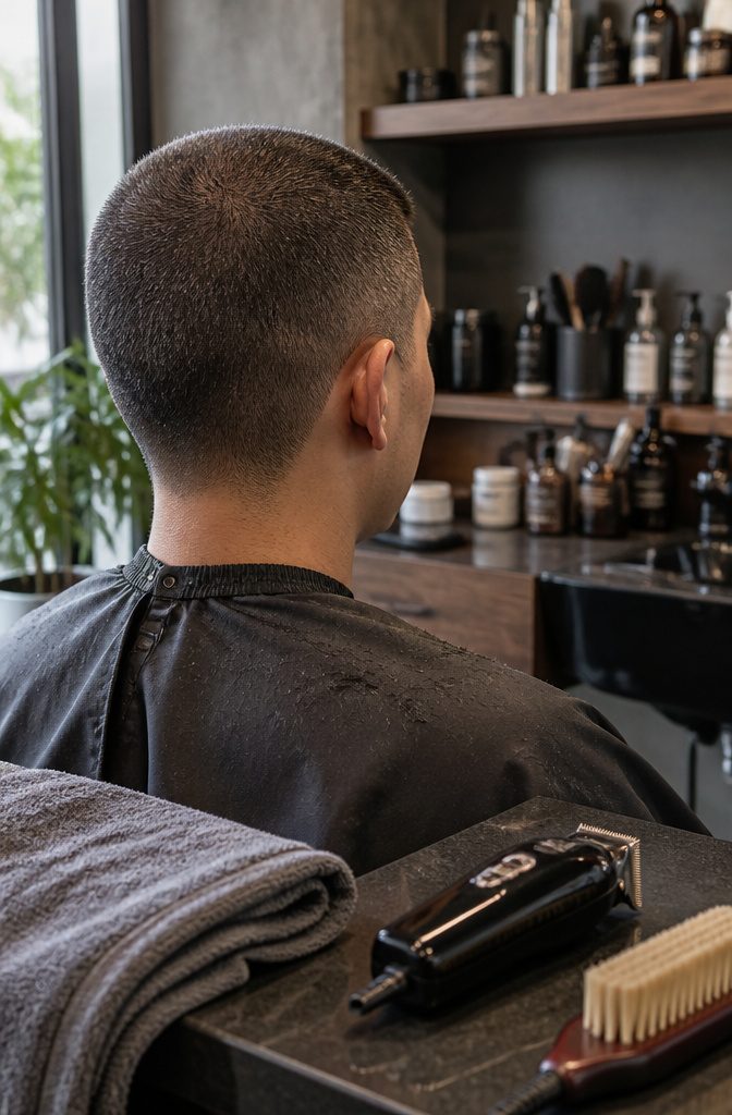 Person with a uniformly clipped short haircut