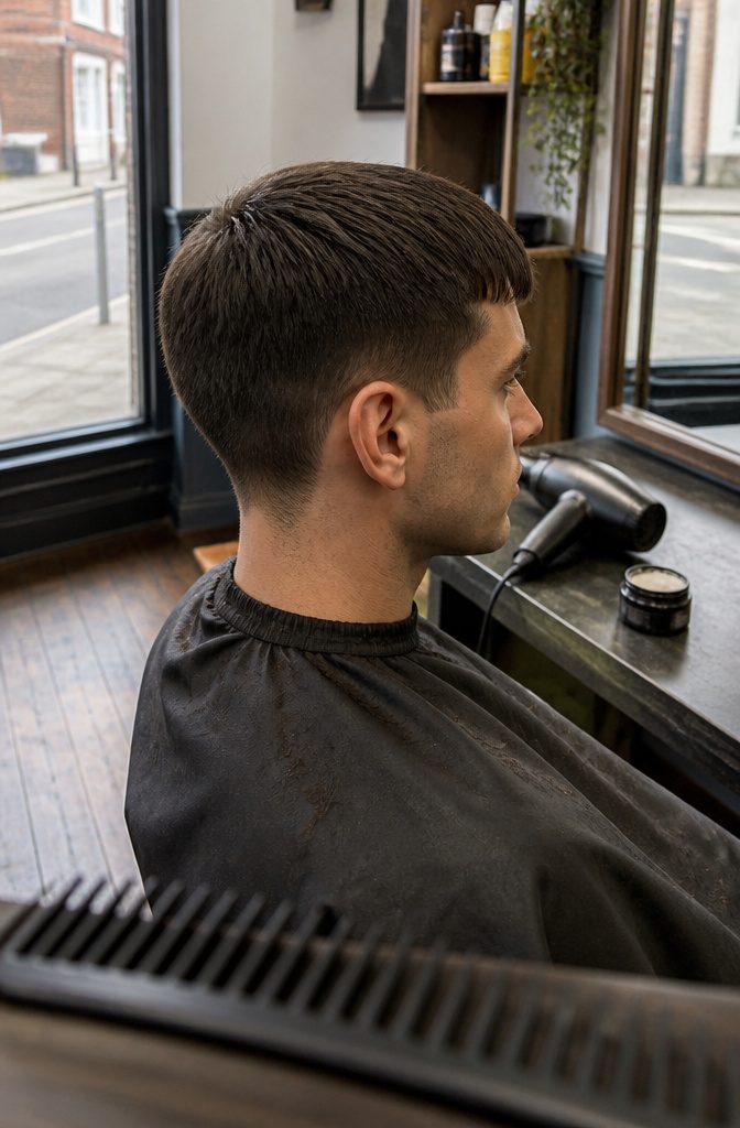 Person with short hair and a straight fringe brushed forward
