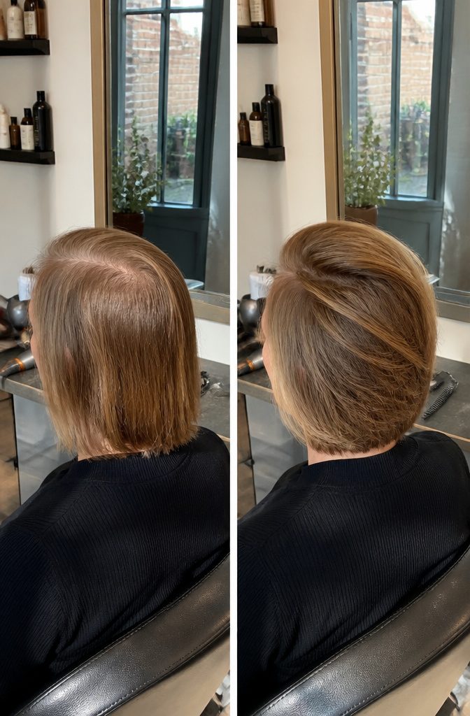 Person wearing a deep side part with hair swept to one side