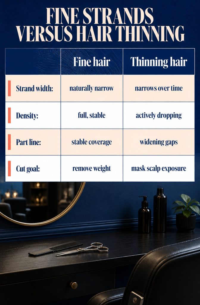 Diagram comparing narrow hair strands with thinning along a part line