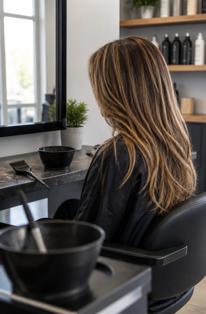 Person with lighter and darker strands through the mid-lengths