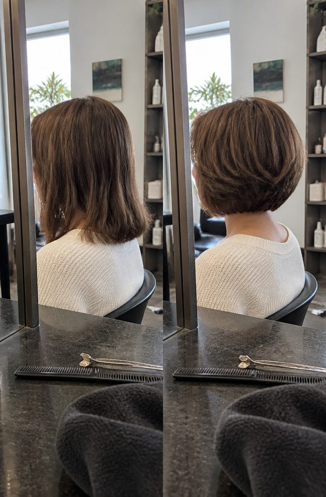 Person with a layered bob and soft pieces framing the jaw