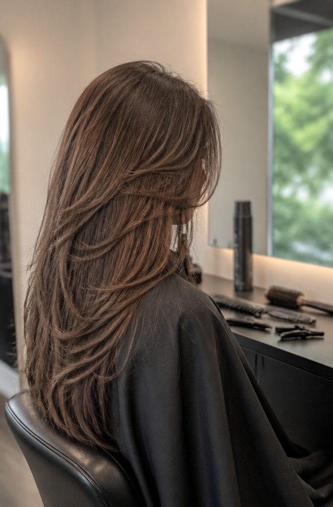 Person with long hair and softly graduated face-framing layers