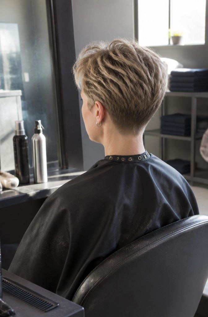 Person with a short pixie cut and longer textured layers on top