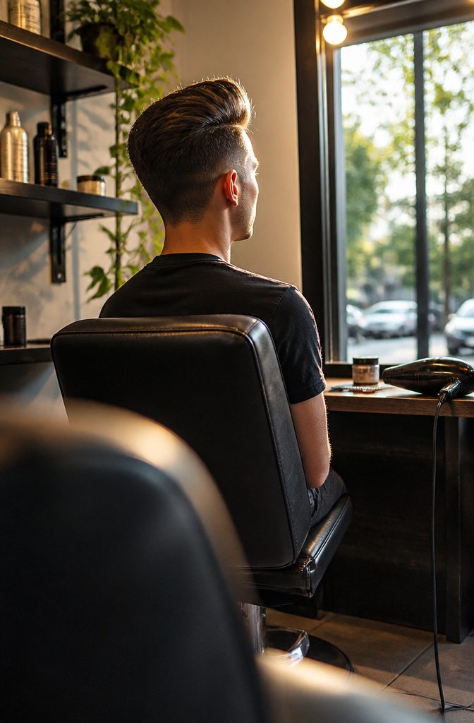 Person with short sides and a longer top styled upward
