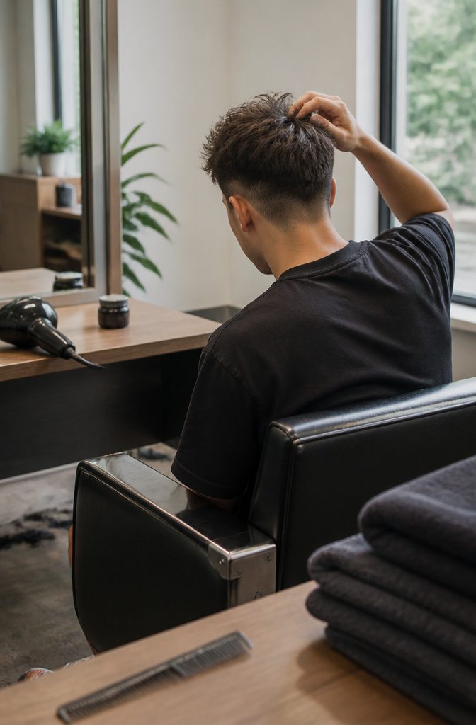 Person with a short choppy top and closely cut sides