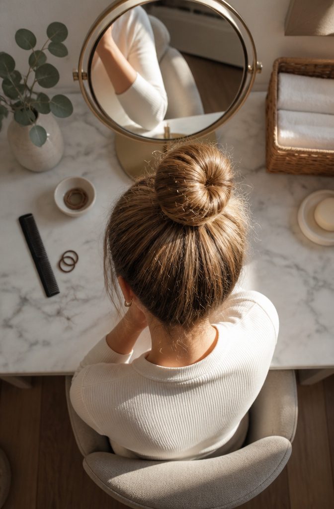Person with hair pulled back loosely into an updo