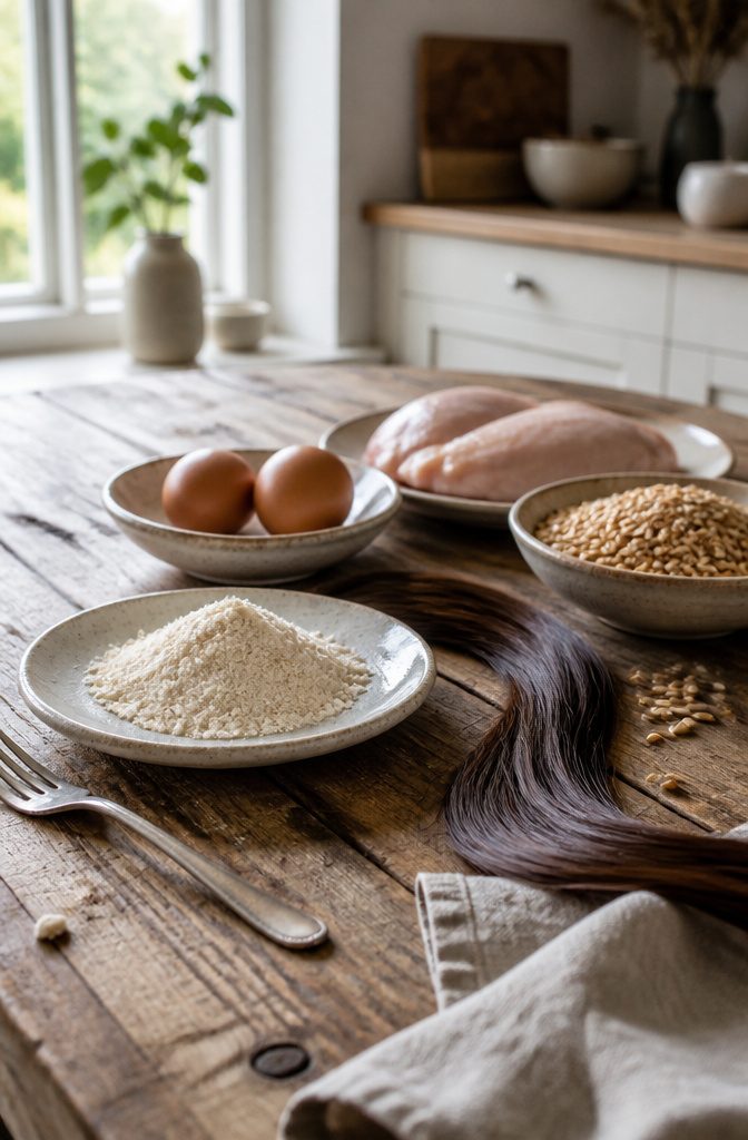 Marine collagen peptides eggs poultry whole grains and glossy hair strand on table