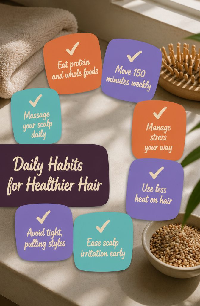 Beauty information graphic titled Daily Habits for Healthier Hair