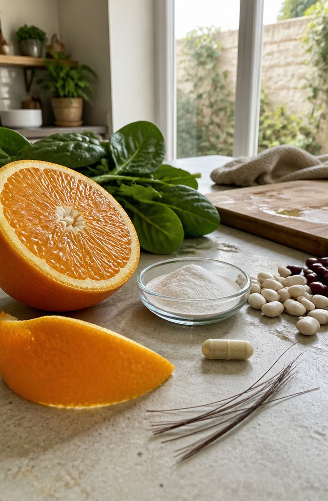 Cut orange spinach beans capsule collagen peptides and loose hair strands