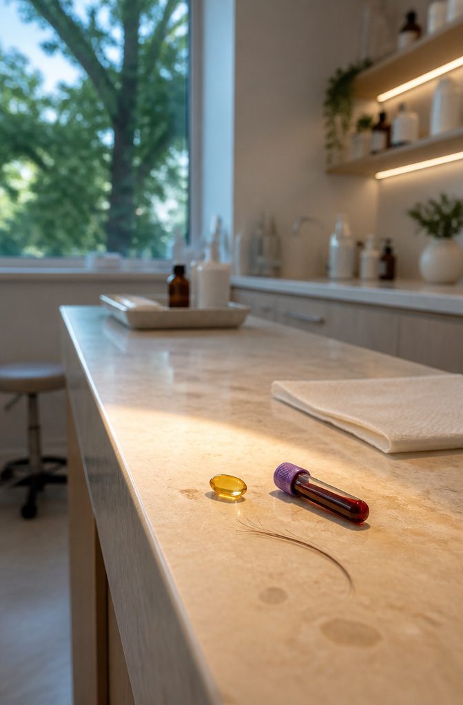 Vitamin D capsule beside a blood sample tube loose hair and sunlight