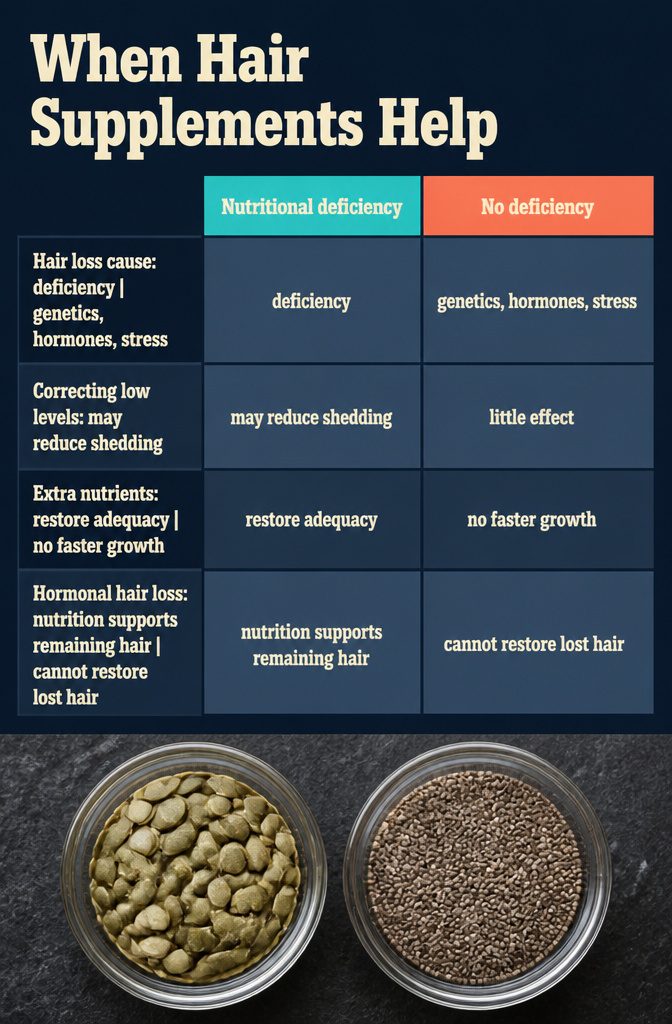 Beauty information graphic titled When Hair Supplements Help