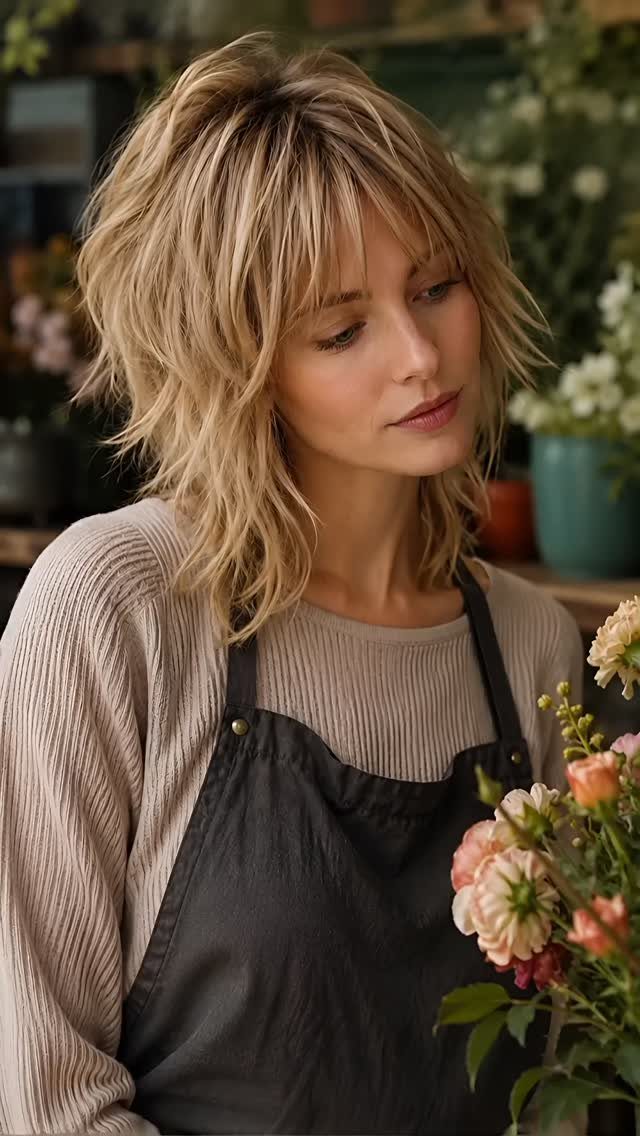 Woman with a blonde short shag haircut and fringe in a flower shop.