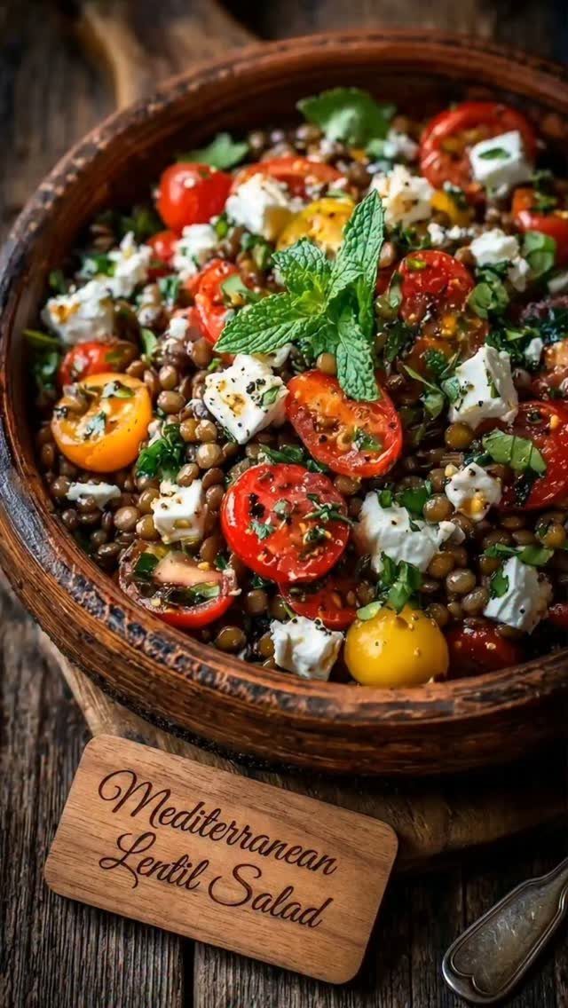 Lentil salad with cherry tomatoes, feta cheese, and mint in a ceramic bowl.