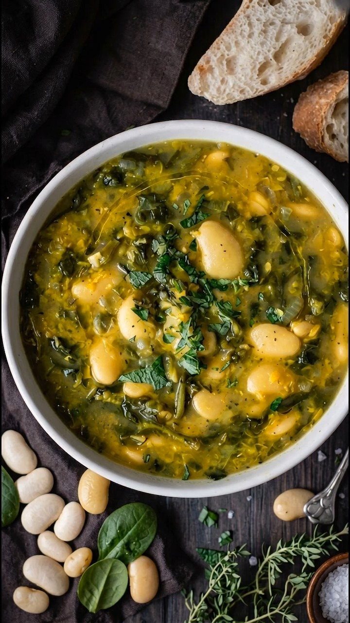 Bean and spinach soup in a white bowl with bread and fresh herbs.
