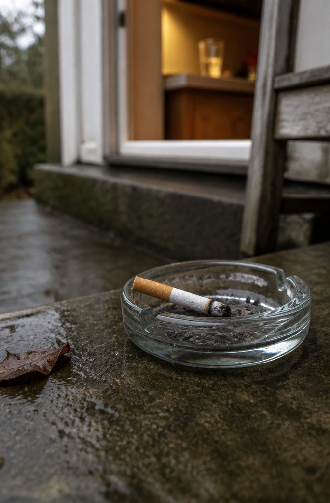 Hand extinguishing a cigarette in an ashtray beside a window
