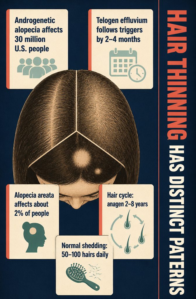 Hair thinning diagram showing a receding hairline a sparse crown and a widening part