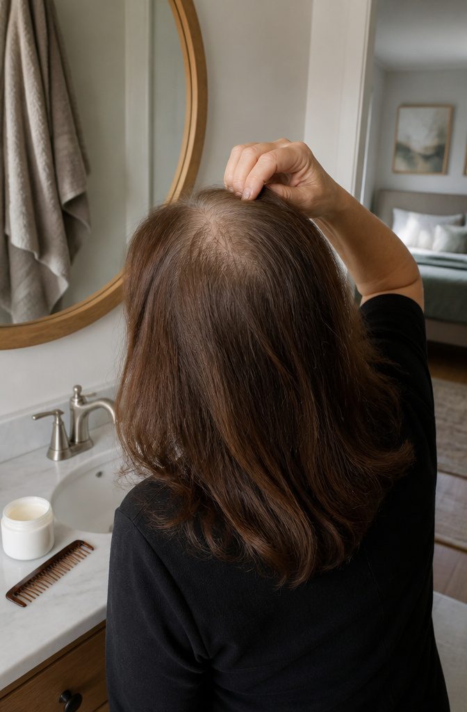 Mature woman examining thinning hair at her temple in a mirror