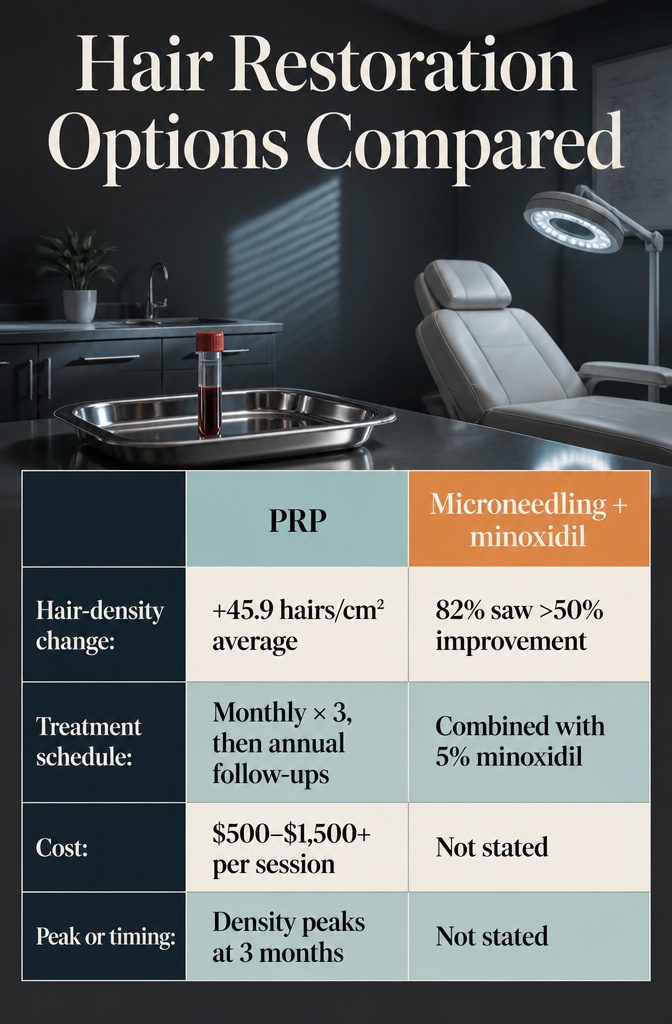 Hair restoration comparison graphic listing platelet-rich plasma and microneedling options