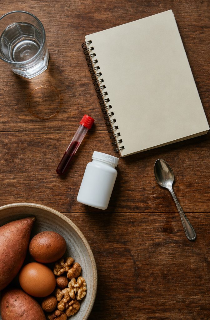 Bottles of hair supplements arranged beside a glass of water