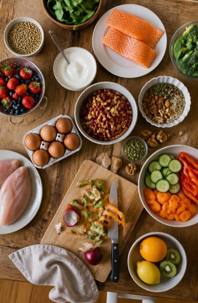 Balanced meal with eggs fish beans nuts and vegetables on a table