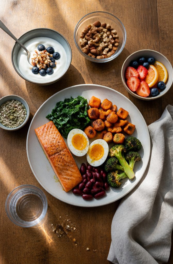Plate of eggs salmon chicken and Greek yogurt arranged as protein-rich foods