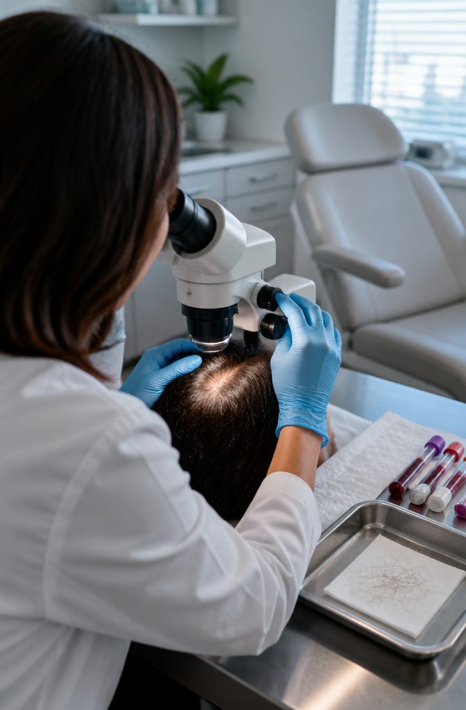 Dermatologist inspecting a patient's scalp with a magnifying tool