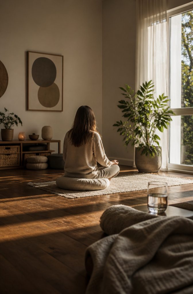 Person seated quietly in meditation in a calm indoor space