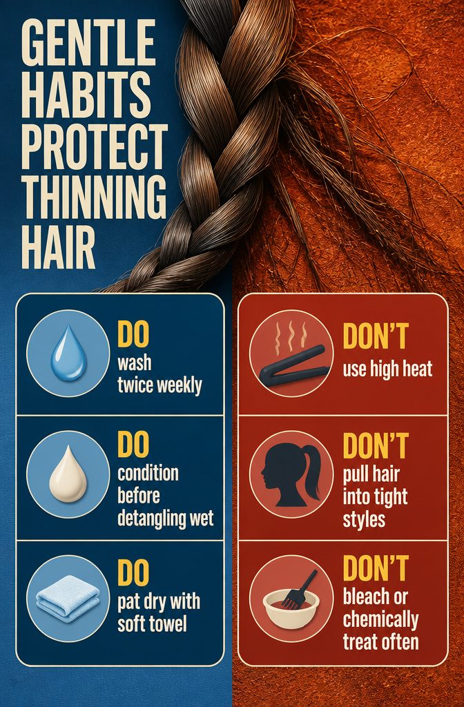 Illustrated gentle hair care habits with washing conditioning and low heat styling