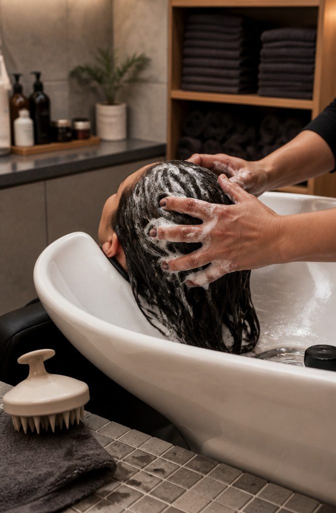 Stylist's fingertips working shampoo through a client's hair at a wash basin